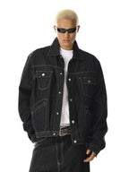Men's black multi-pocket denim jacket with long sleeves