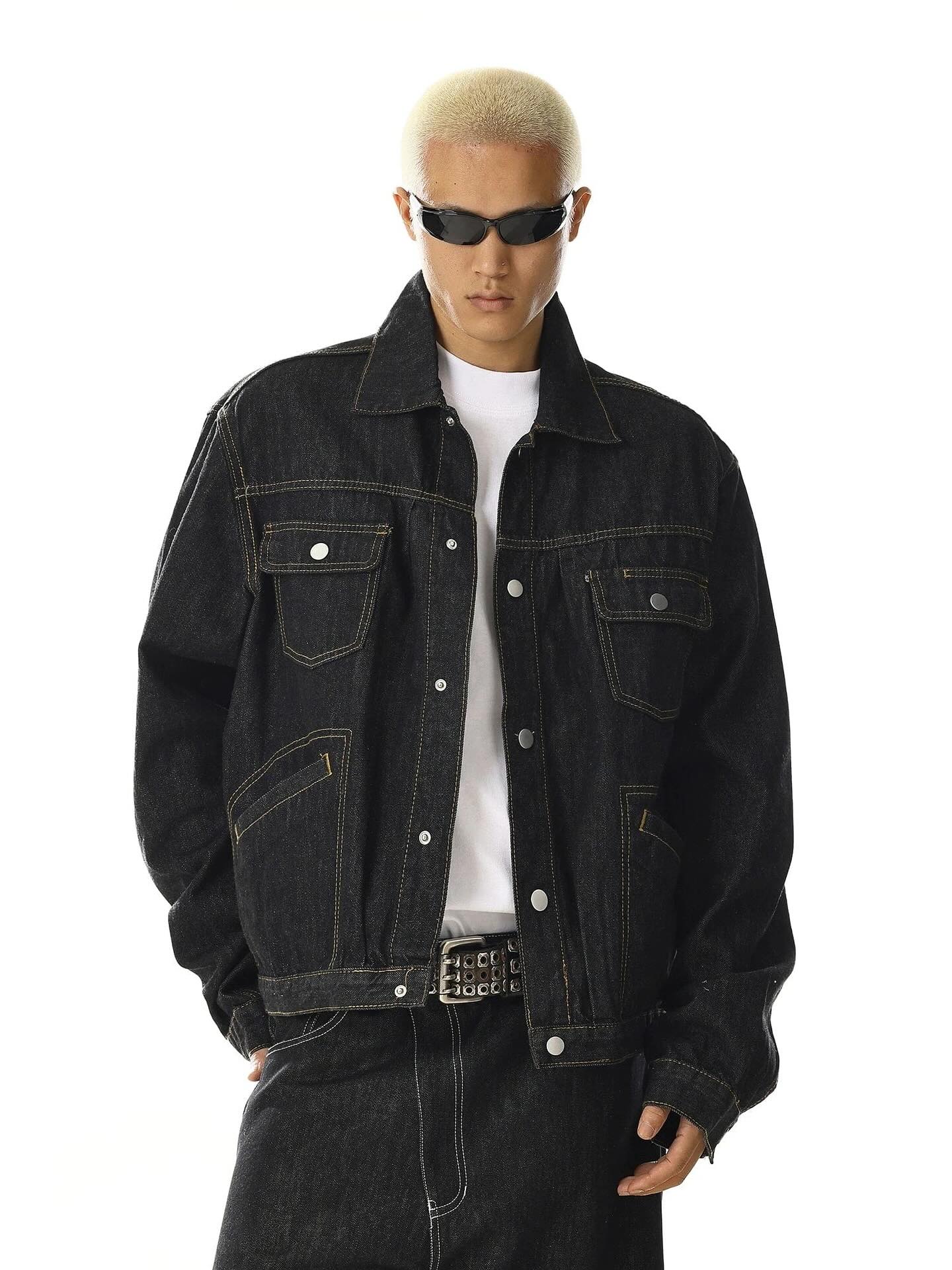 Men's black multi-pocket denim jacket with long sleeves