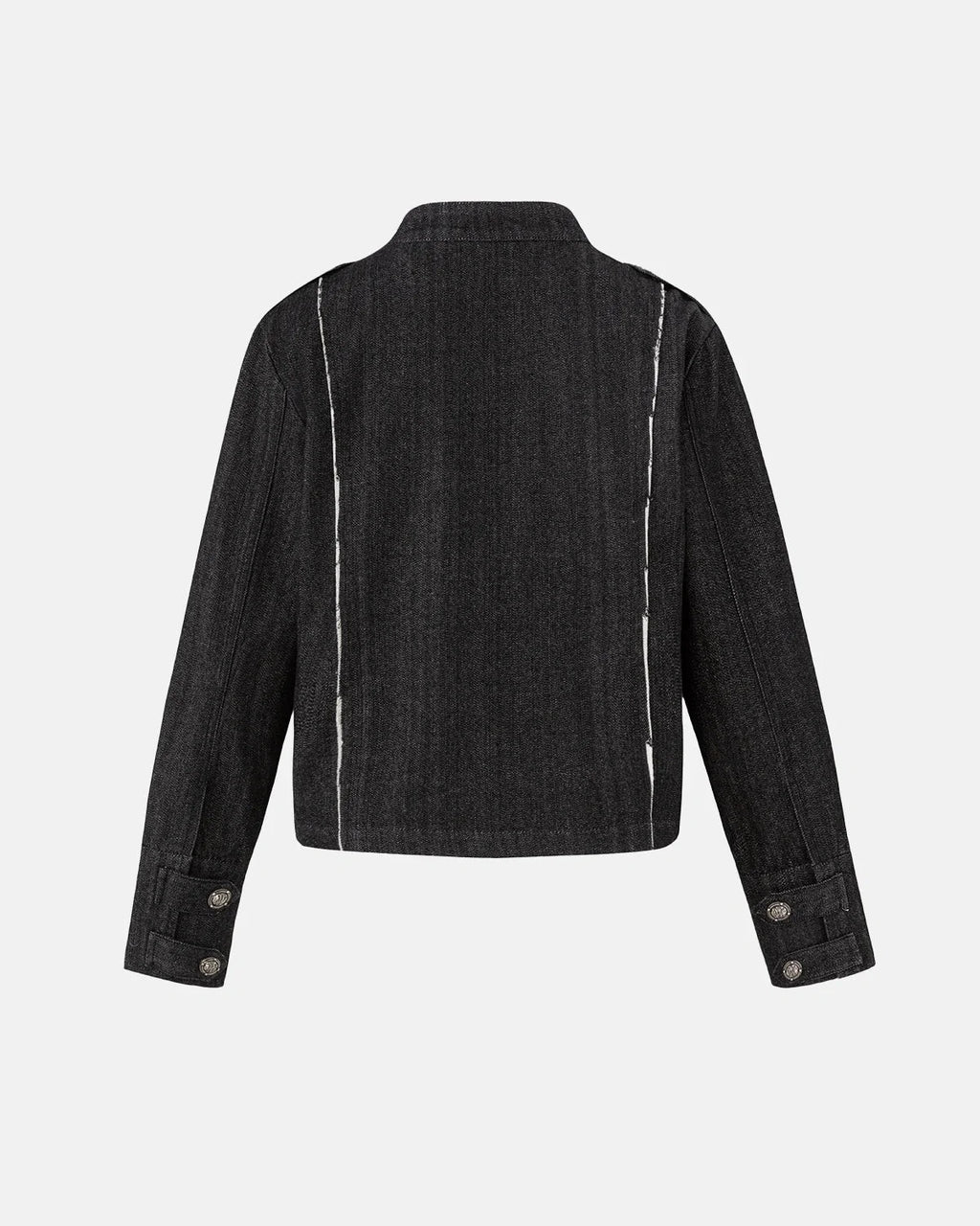 Women's cropped denim jacket with mandarin collar and decorative button tabs