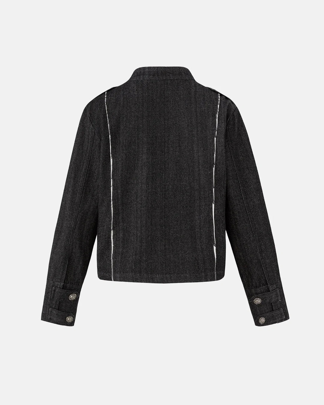 Women's cropped denim jacket with mandarin collar and decorative button tabs