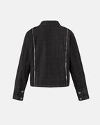 Women's cropped denim jacket with mandarin collar and decorative button tabs