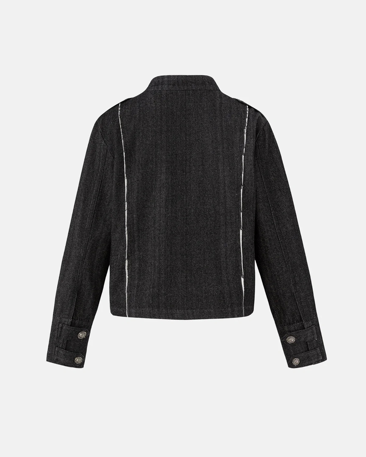 Women's cropped denim jacket with mandarin collar and decorative button tabs