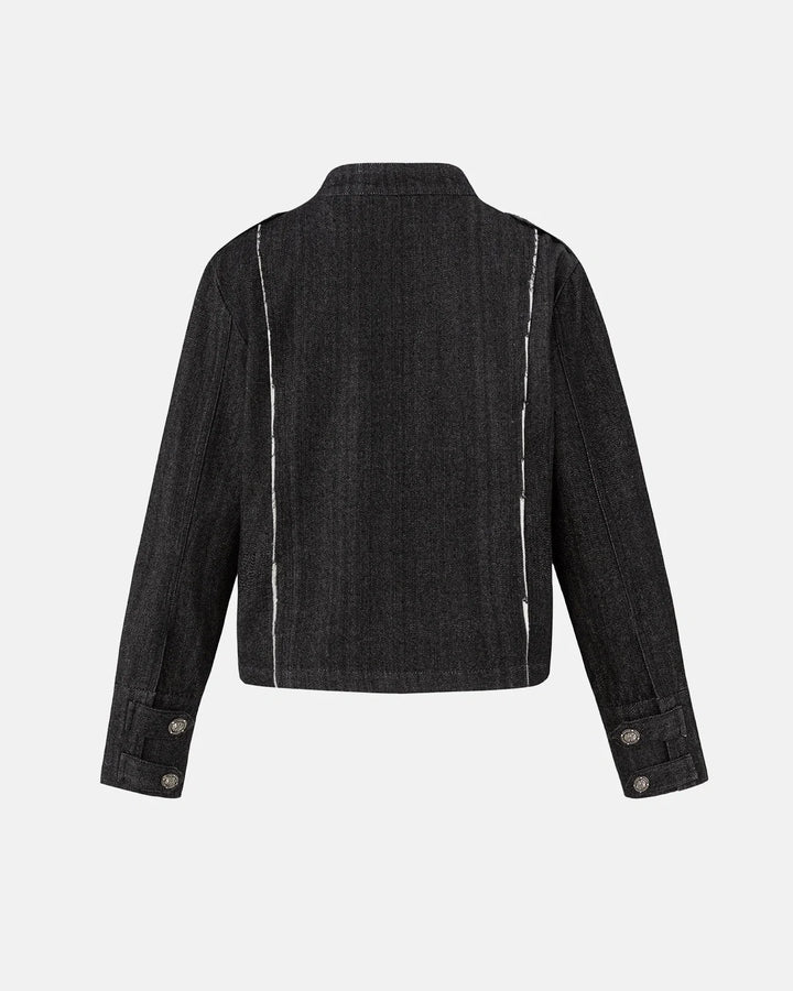 Women's cropped denim jacket with mandarin collar and decorative button tabs