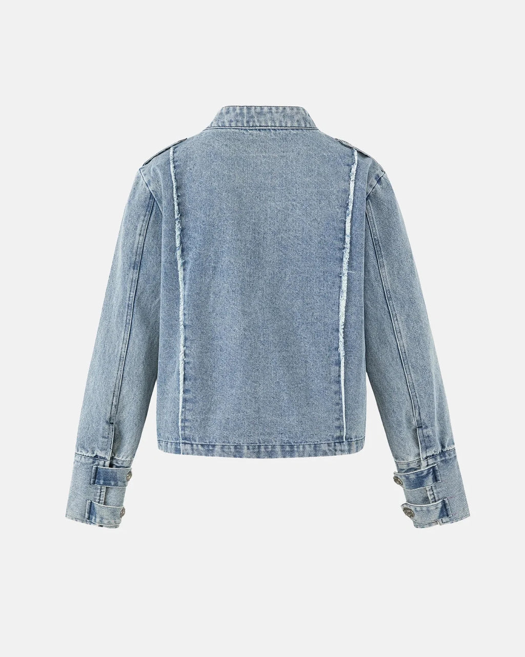 Women's cropped denim jacket with mandarin collar and decorative button tabs
