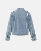 Women's cropped denim jacket with mandarin collar and decorative button tabs