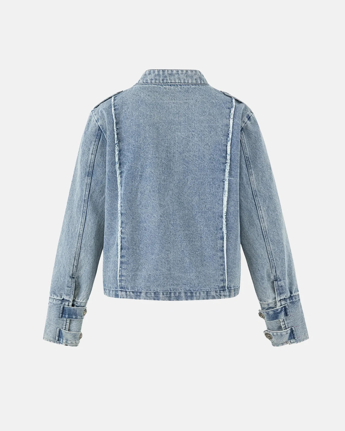Women's cropped denim jacket with mandarin collar and decorative button tabs