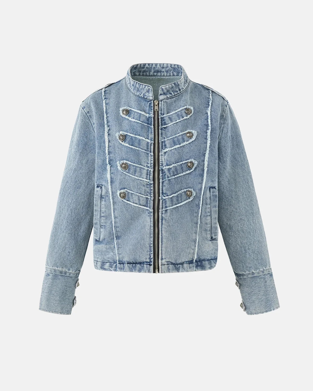 Women's cropped denim jacket with mandarin collar and decorative button tabs