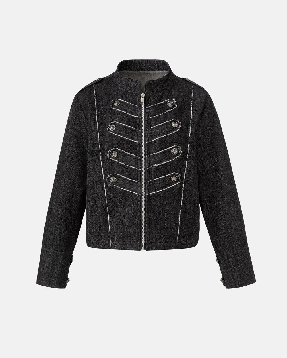 Women's cropped denim jacket with mandarin collar and decorative button tabs