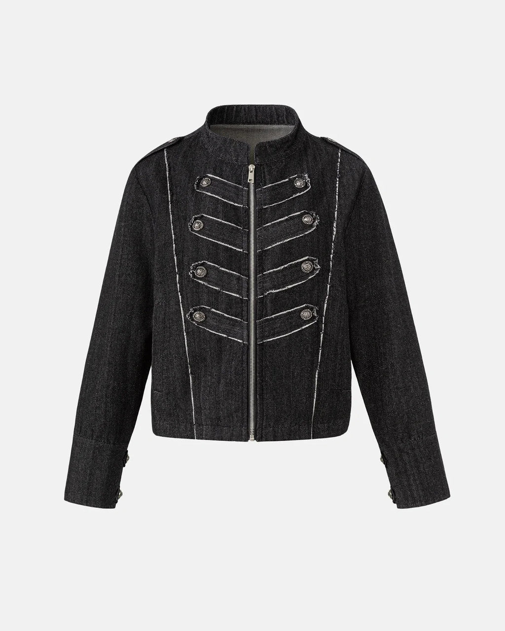 Women's cropped denim jacket with mandarin collar and decorative button tabs
