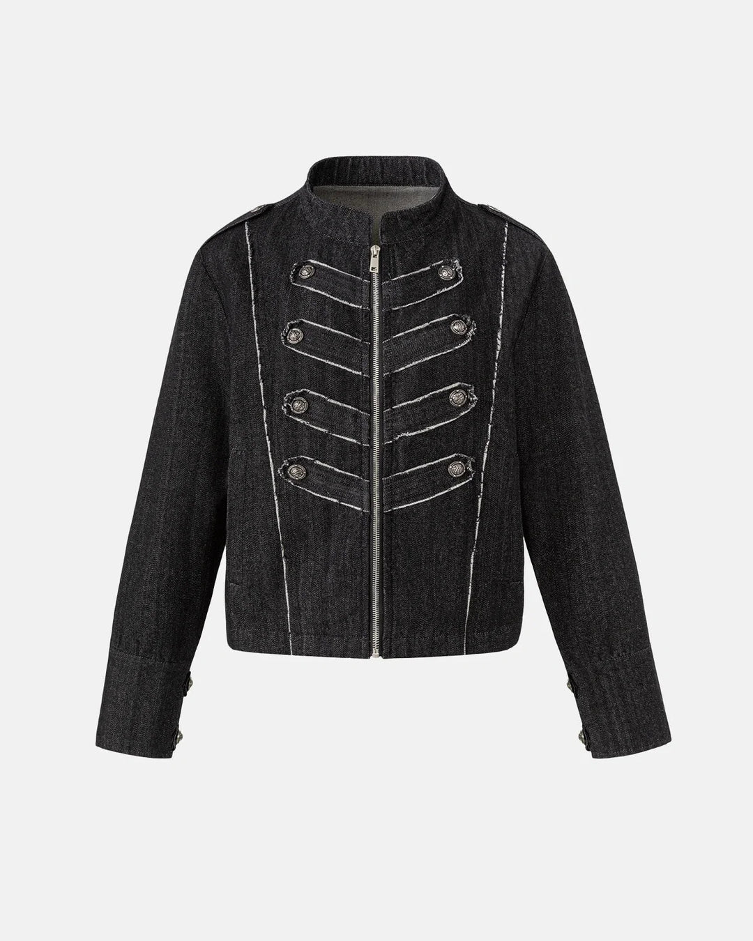 Women's cropped denim jacket with mandarin collar and decorative button tabs