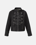Women's cropped denim jacket with mandarin collar and decorative button tabs