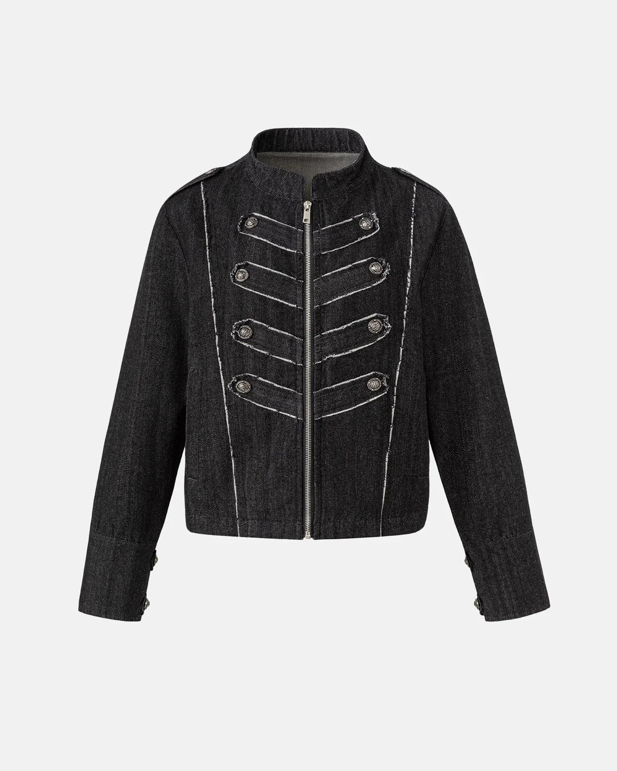 Women's cropped denim jacket with mandarin collar and decorative button tabs