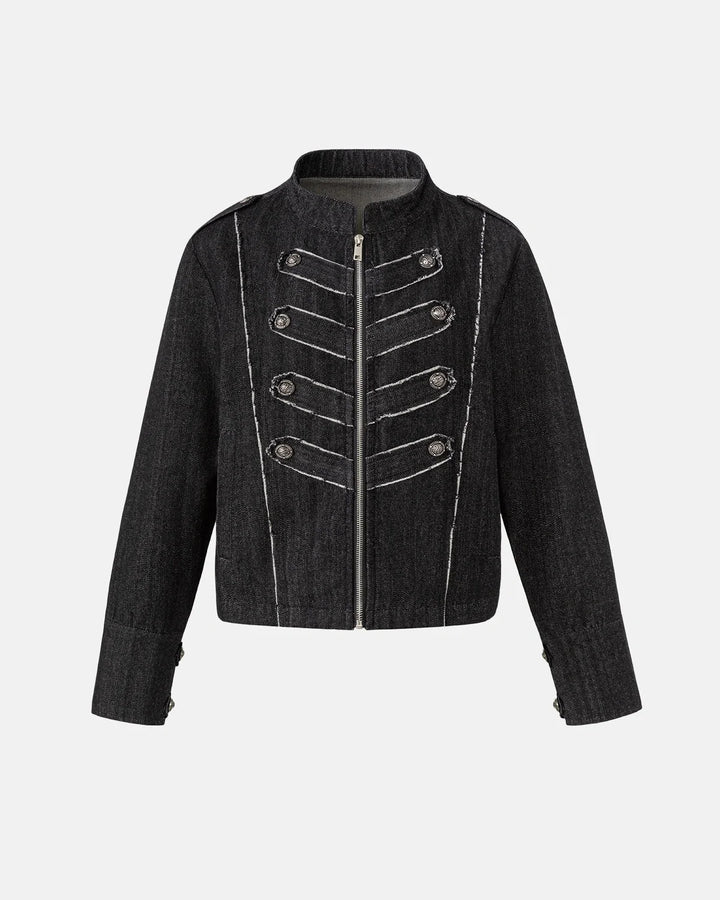 Women's cropped denim jacket with mandarin collar and decorative button tabs