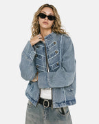 Women's cropped denim jacket with mandarin collar and decorative button tabs