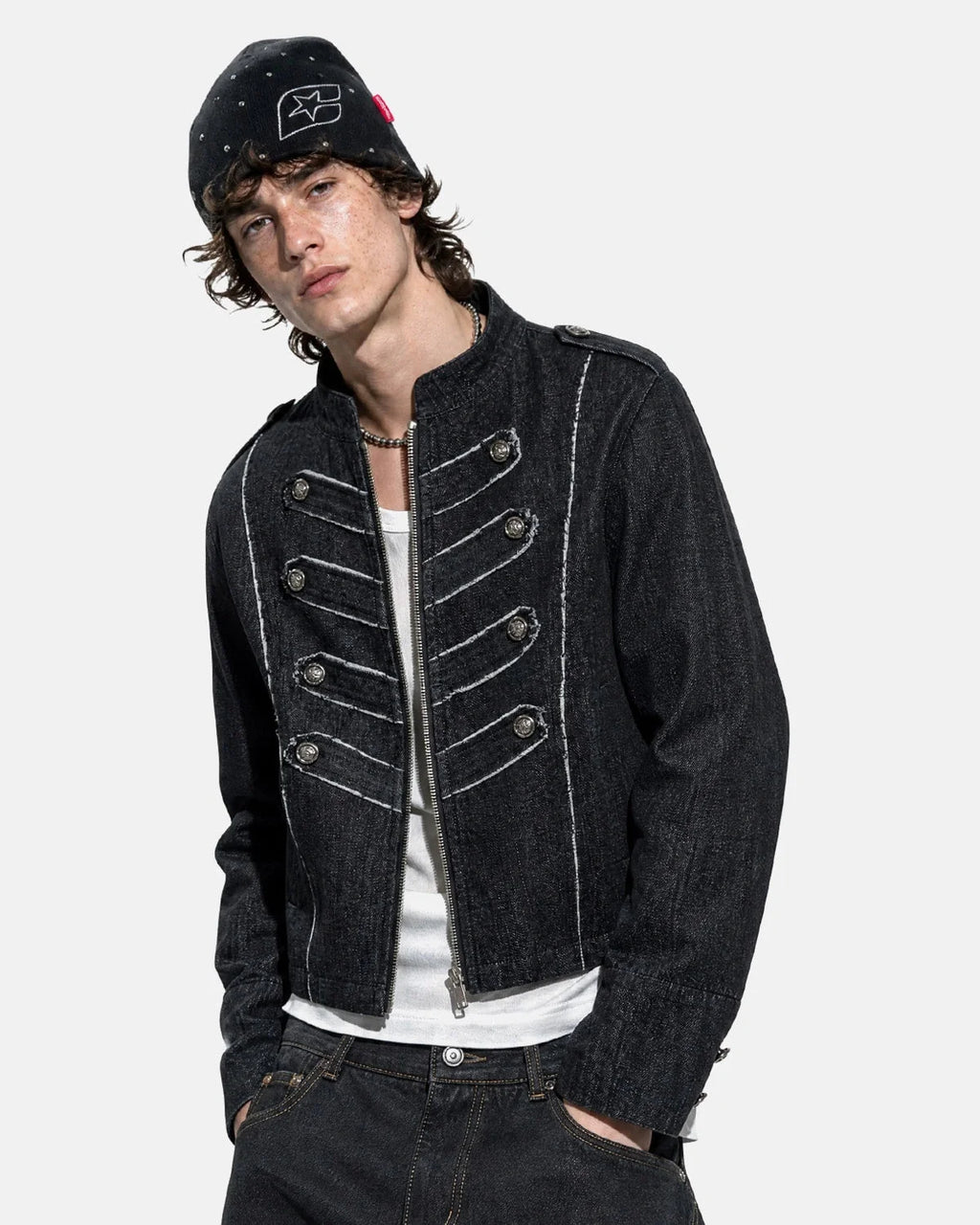 Women's cropped denim jacket with mandarin collar and decorative button tabs
