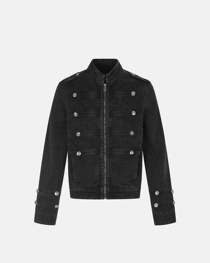 Men's black stand collar denim jacket