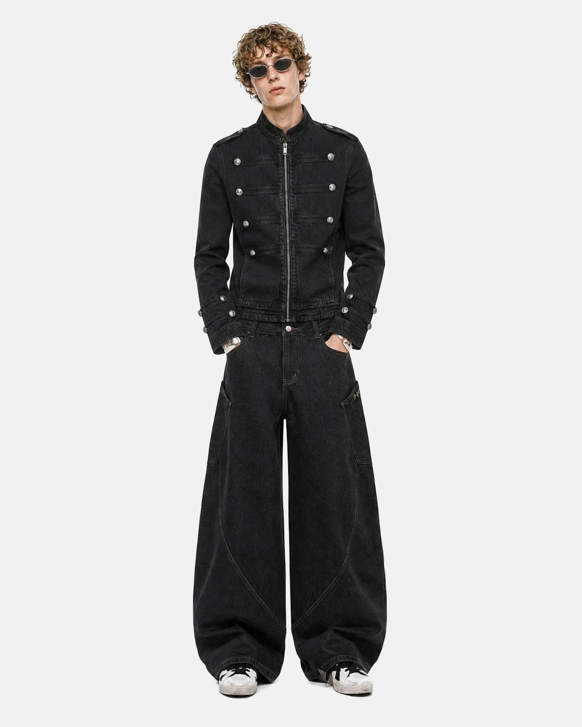 Men's black stand collar denim jacket