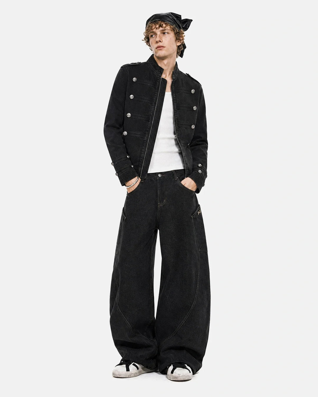 Men's black stand collar denim jacket