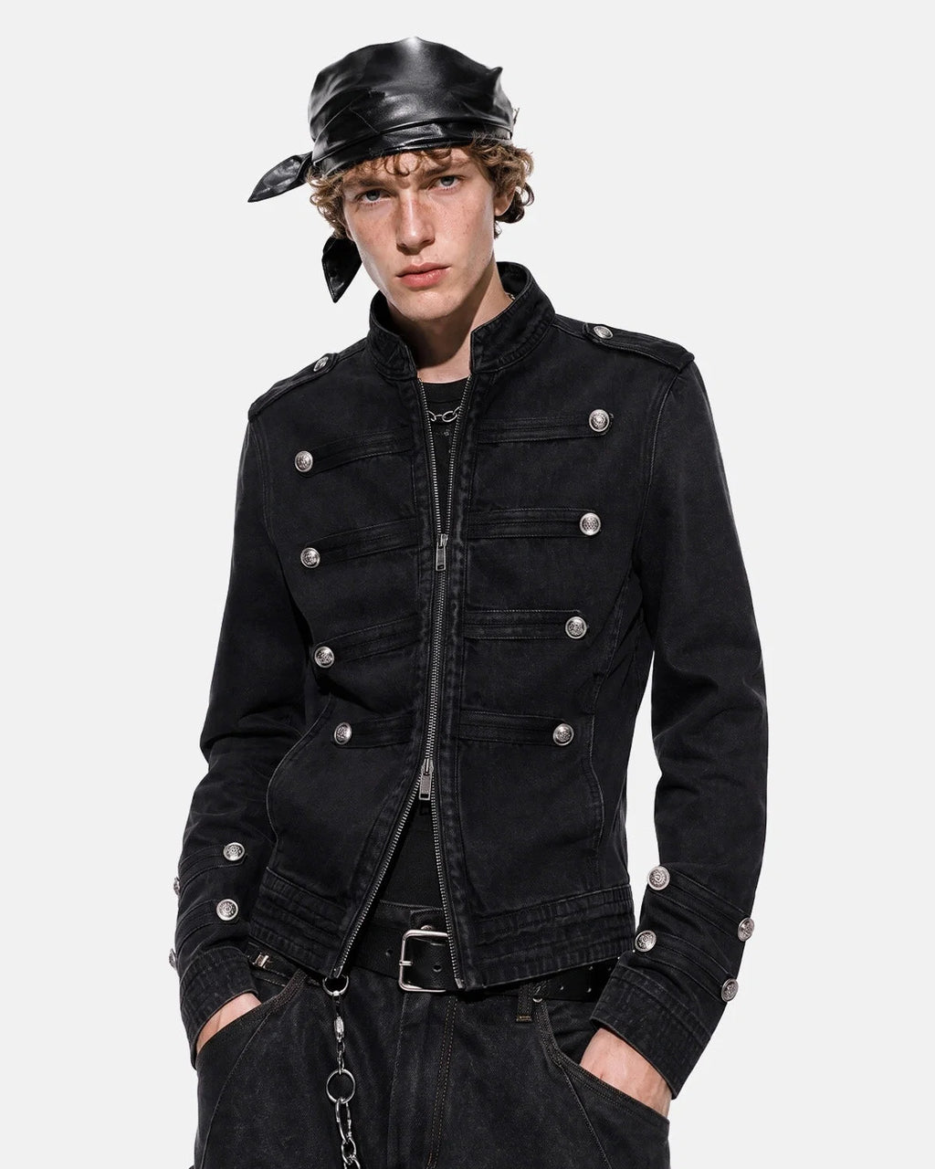 Men's black stand collar denim jacket