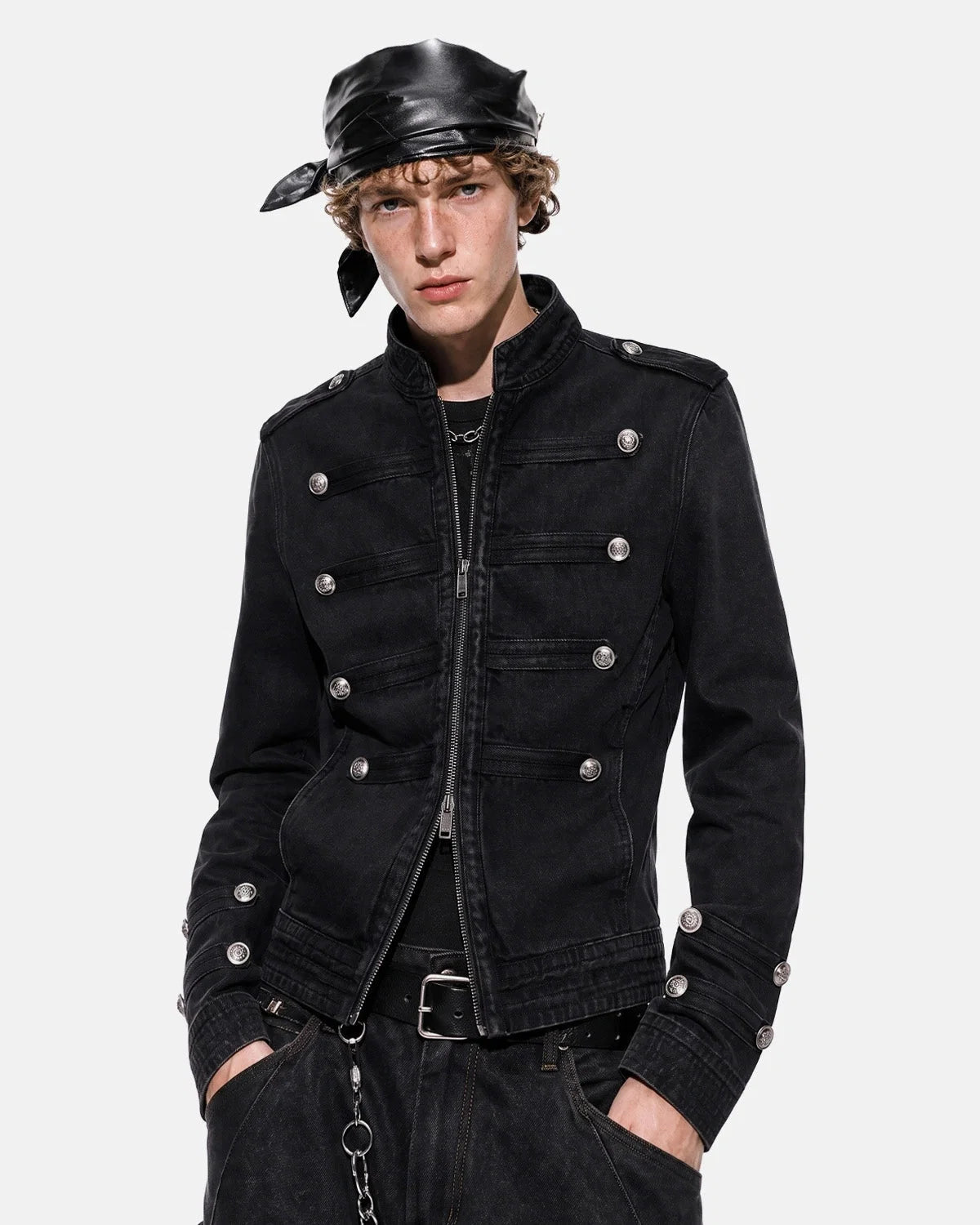 Men's black stand collar denim jacket