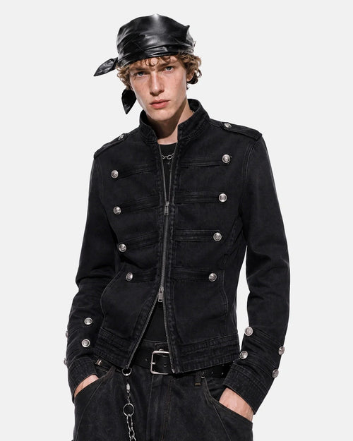 Men's black stand collar denim jacket