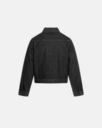 Women's black cropped denim jacket with clasp fastenings and long sleeves