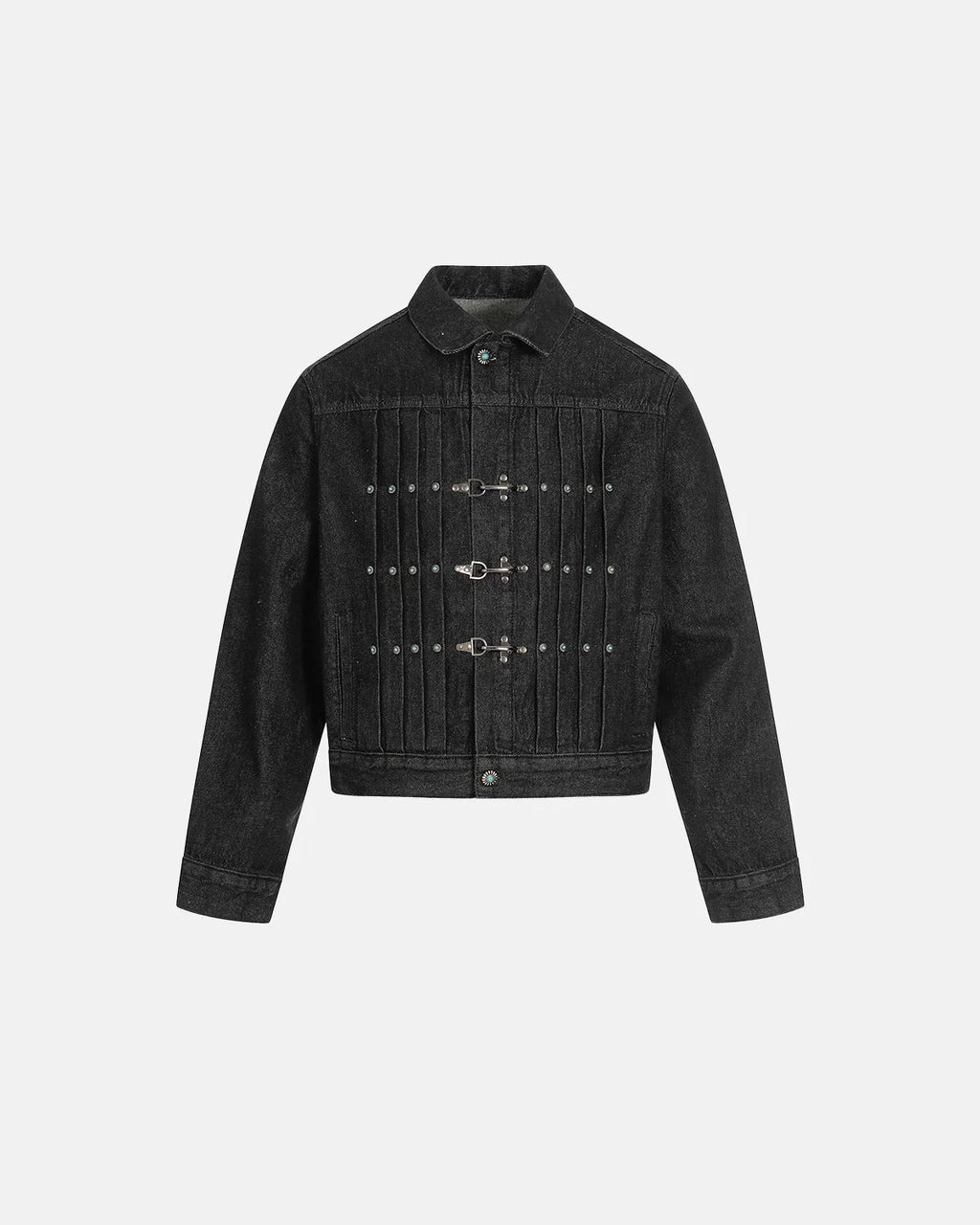 Women's black cropped denim jacket with clasp fastenings and long sleeves