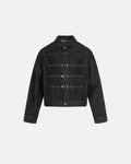Women's black cropped denim jacket with clasp fastenings and long sleeves