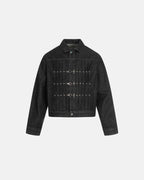 Women's black cropped denim jacket with clasp fastenings and long sleeves