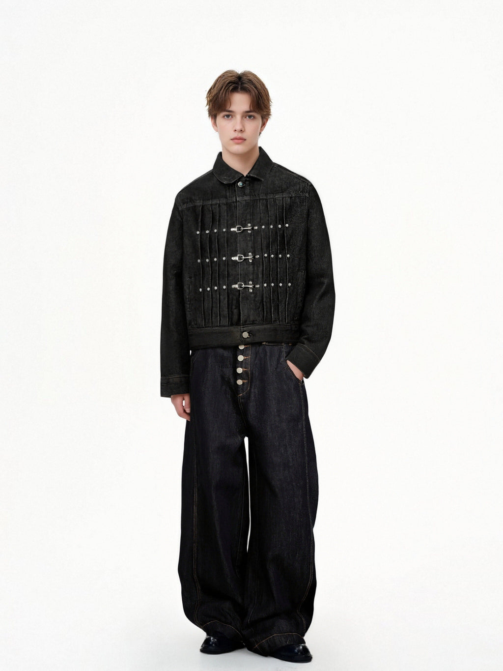 Women's black cropped denim jacket with clasp fastenings and long sleeves