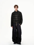 Women's black cropped denim jacket with clasp fastenings and long sleeves