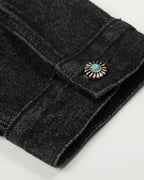 Women's black cropped denim jacket with clasp fastenings and long sleeves