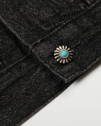 Women's black cropped denim jacket with clasp fastenings and long sleeves