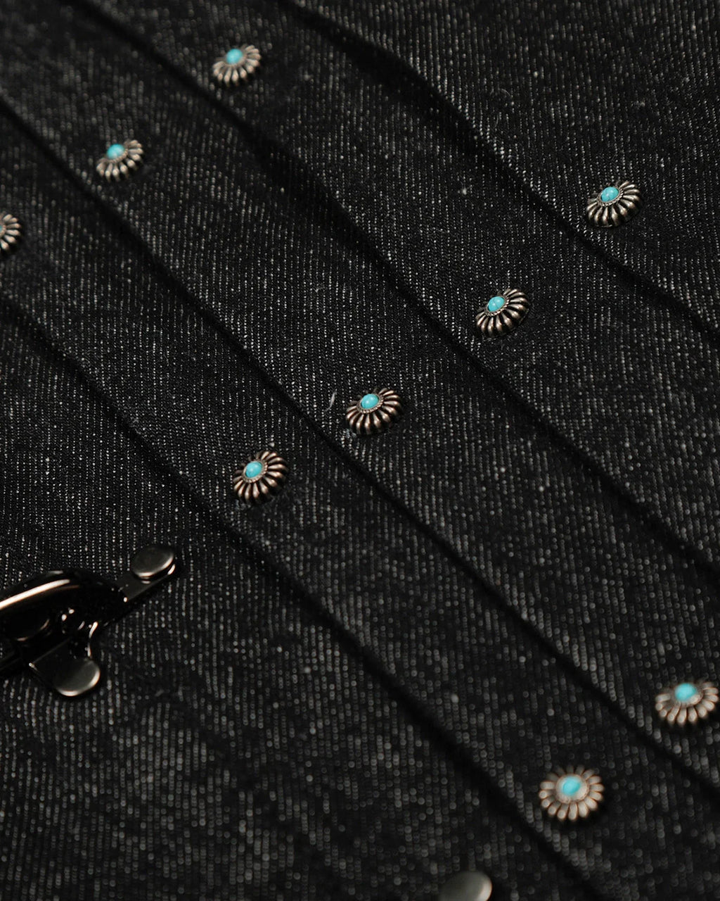 Women's black cropped denim jacket with clasp fastenings and long sleeves