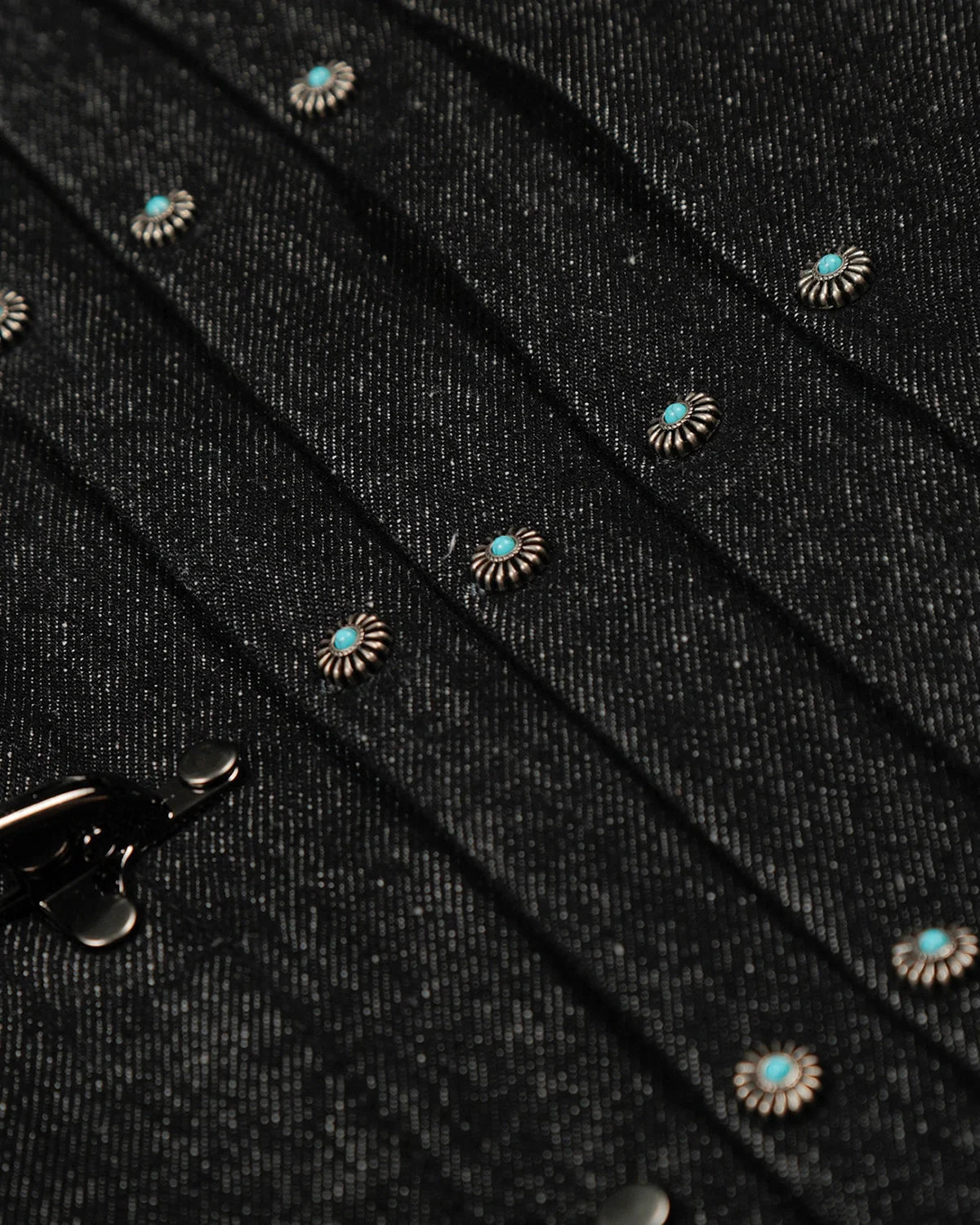 Women's black cropped denim jacket with clasp fastenings and long sleeves