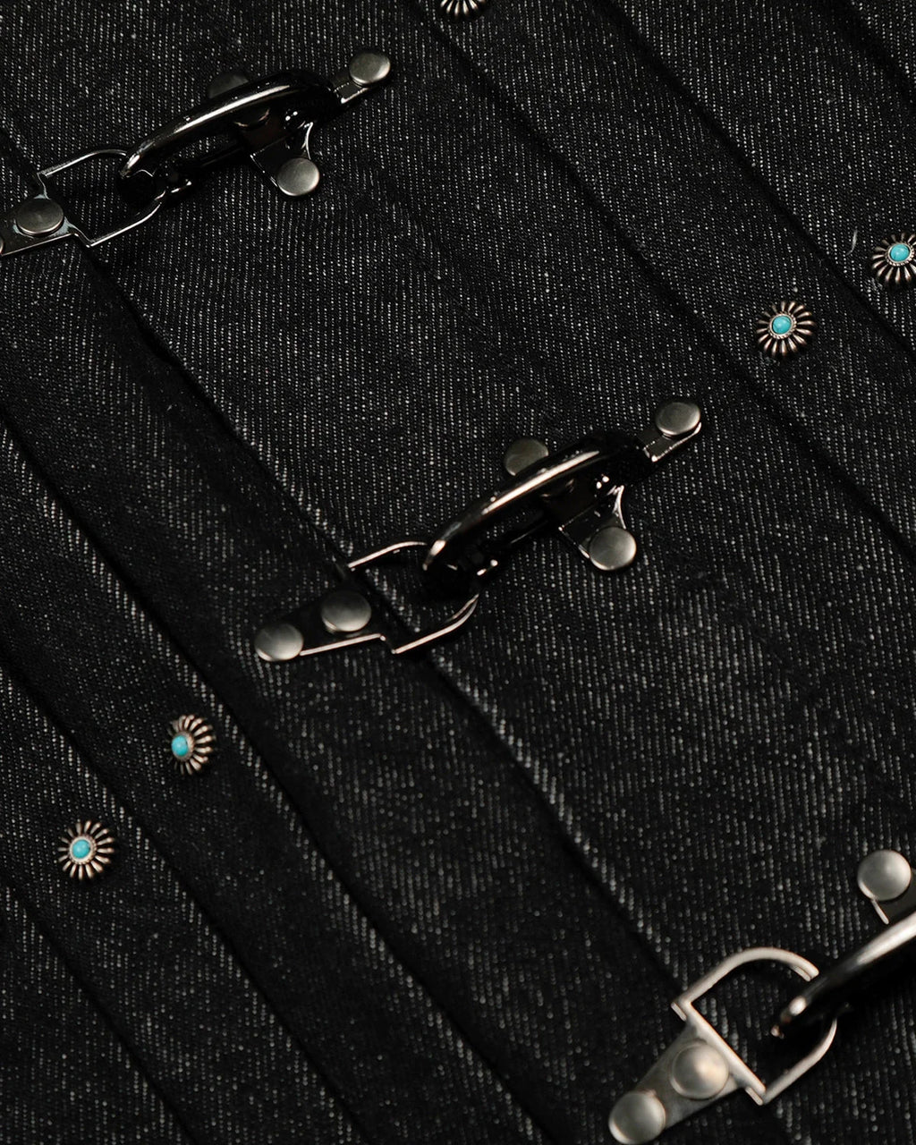 Women's black cropped denim jacket with clasp fastenings and long sleeves
