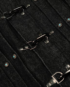 Women's black cropped denim jacket with clasp fastenings and long sleeves