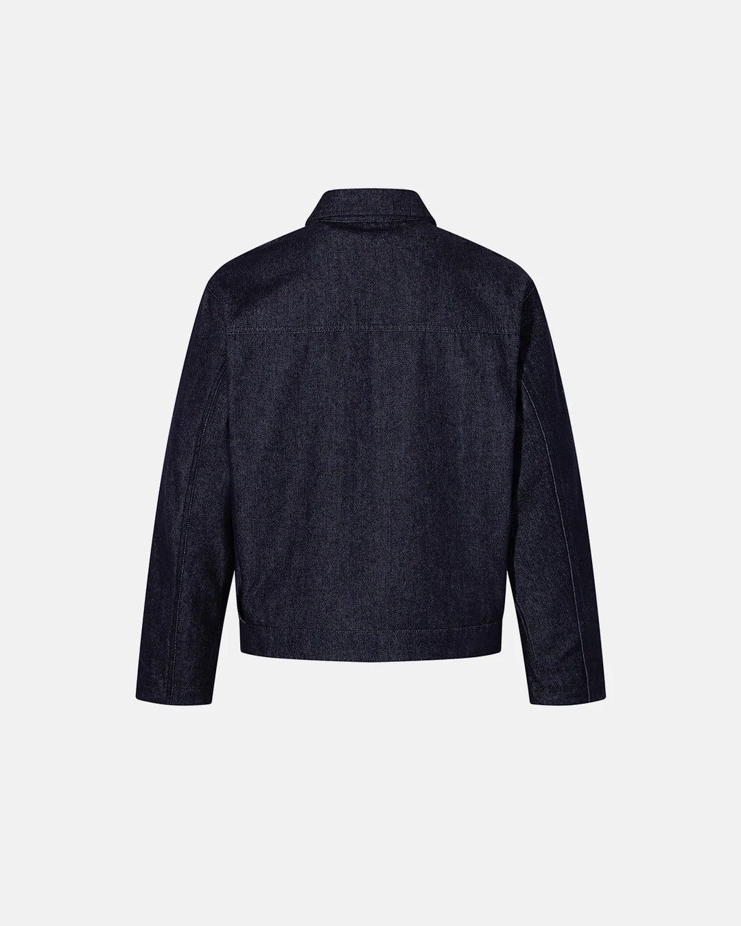 Men's dark blue denim jacket with spread collar and fireman clasp fastenings