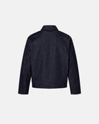Men's dark blue denim jacket with spread collar and fireman clasp fastenings