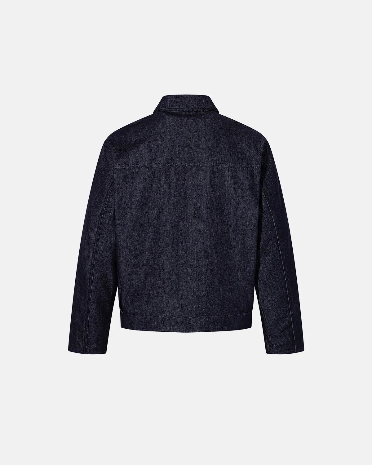 Men's dark blue denim jacket with spread collar and fireman clasp fastenings