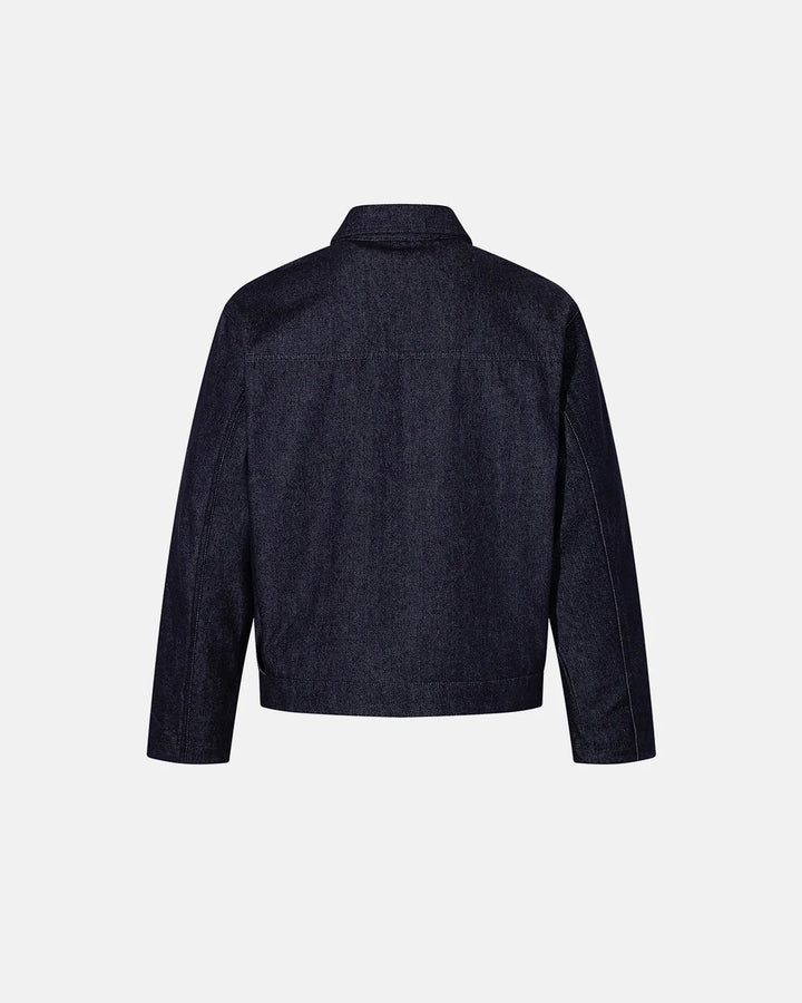 Men's dark blue denim jacket with spread collar and fireman clasp fastenings