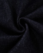 Men's dark blue denim jacket with spread collar and fireman clasp fastenings