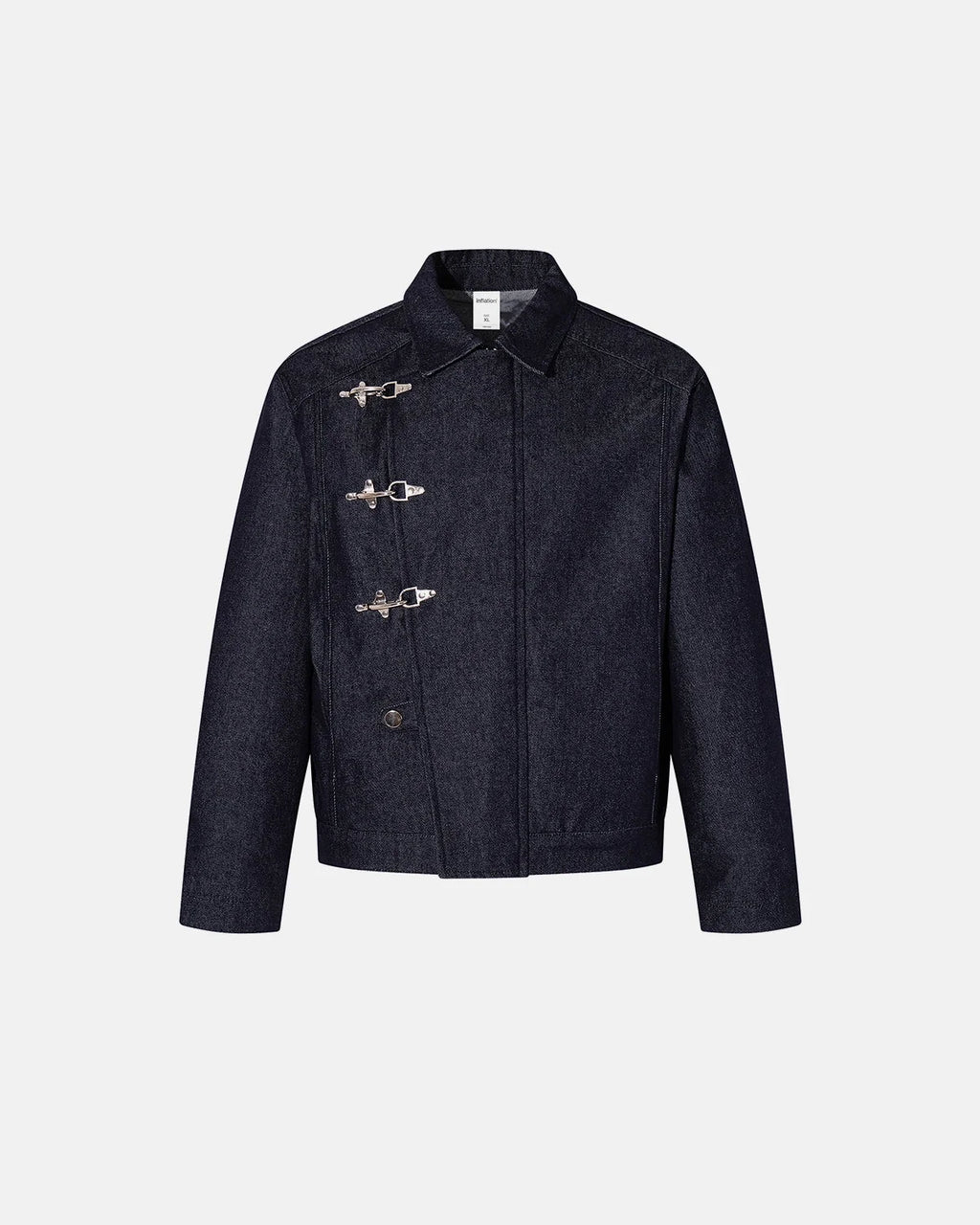Men's dark blue denim jacket with spread collar and fireman clasp fastenings