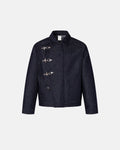 Men's dark blue denim jacket with spread collar and fireman clasp fastenings