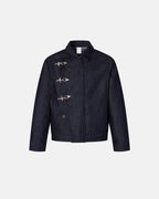 Men's dark blue denim jacket with spread collar and fireman clasp fastenings