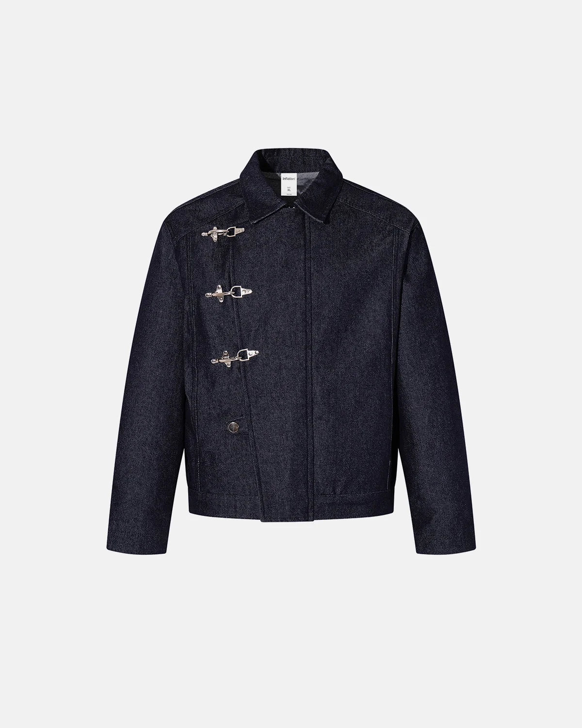 Men's dark blue denim jacket with spread collar and fireman clasp fastenings