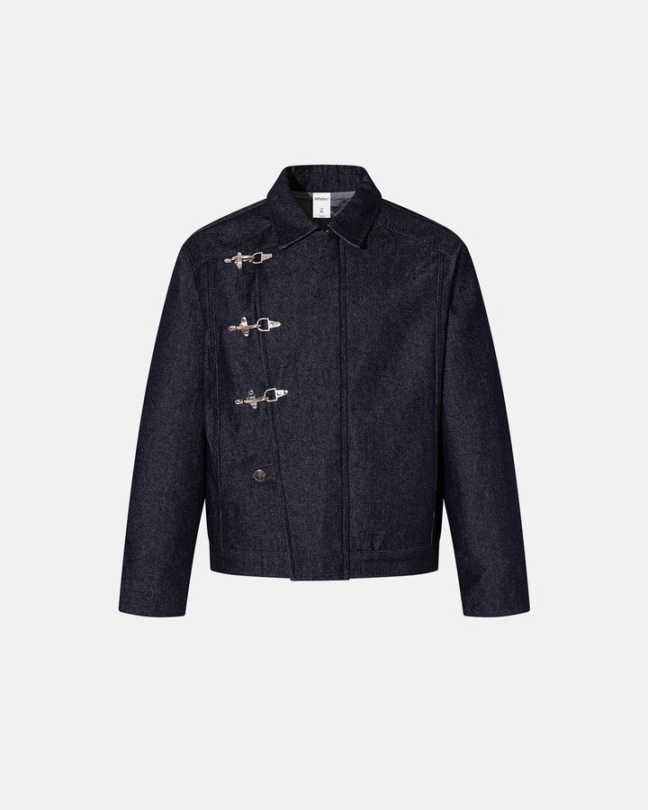 Men's dark blue denim jacket with spread collar and fireman clasp fastenings