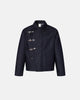 Men's dark blue denim jacket with spread collar and fireman clasp fastenings