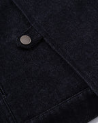 Men's dark blue denim jacket with spread collar and fireman clasp fastenings