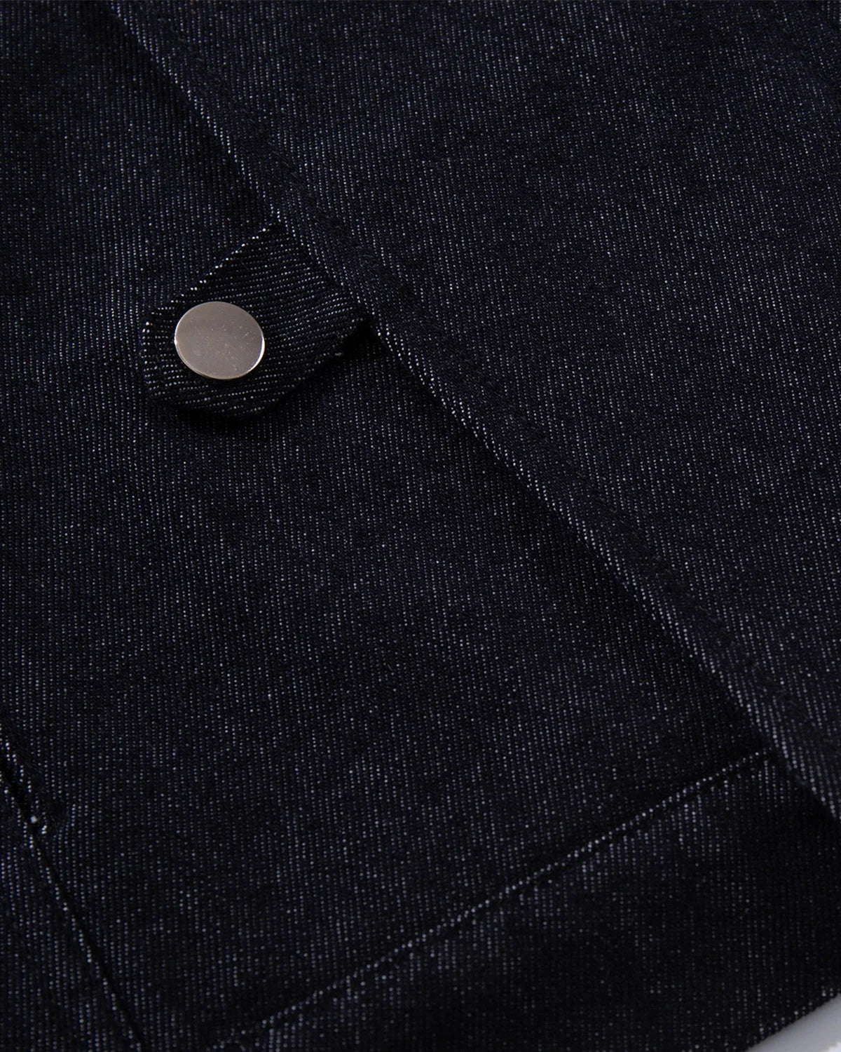 Men's dark blue denim jacket with spread collar and fireman clasp fastenings